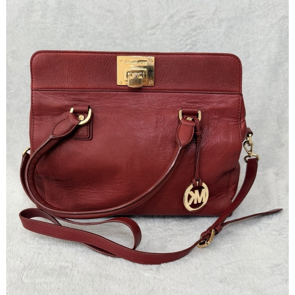 Michael Kors Astrid Satchel Red Maroon Leather Gold Shoulder Bag Purse